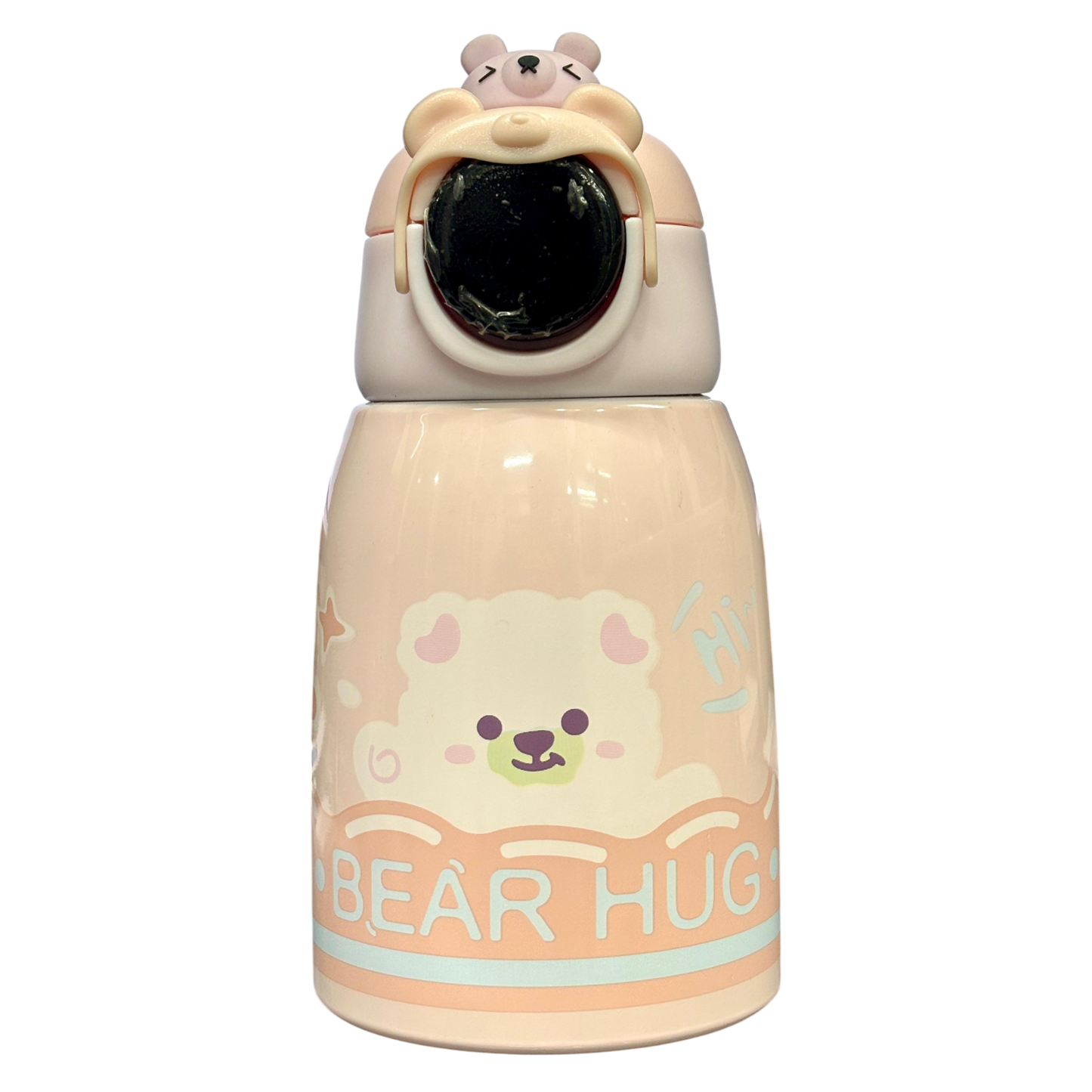 Bear Hug Stainless Steel Digital Water Bottle For Kids with carry bag, additional cup and sipper 500 ML (Pink)