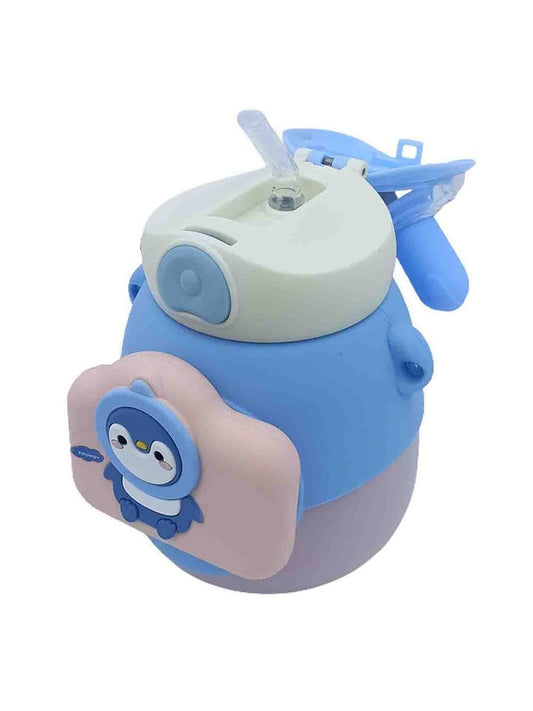 Lookoy Penguin Stainless Steel Water Bottle With Straw 550 ML (Blue)