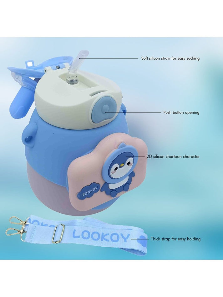 Lookoy Penguin Stainless Steel Water Bottle With Straw 550 ML (Blue)