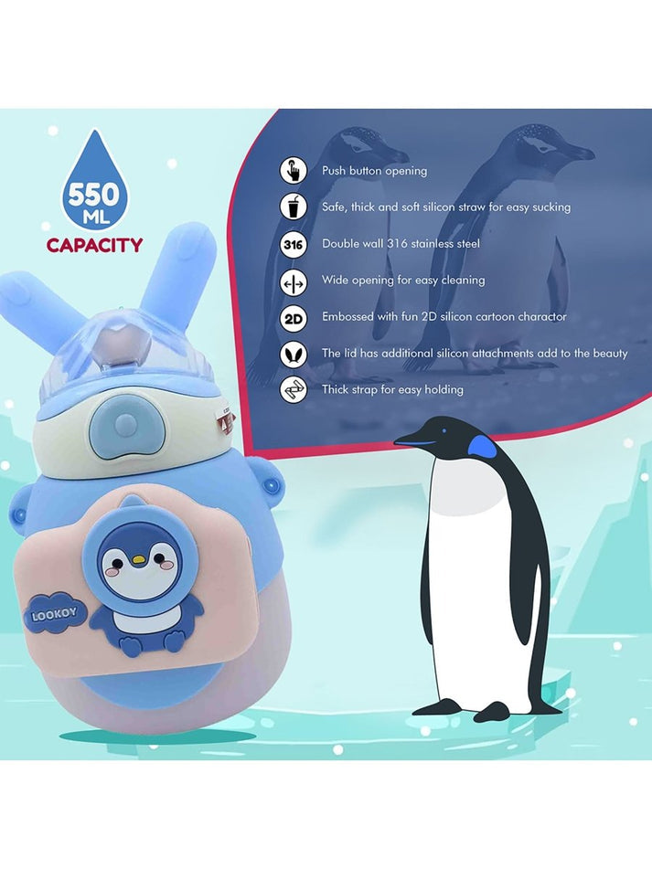 Lookoy Penguin Stainless Steel Water Bottle With Straw 550 ML (Blue)