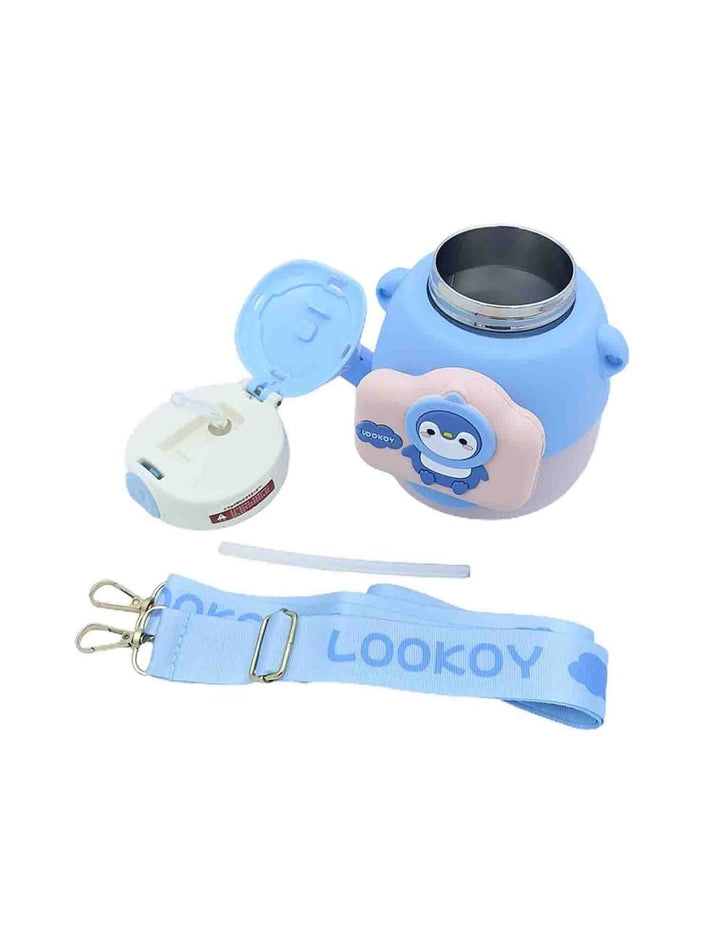 Lookoy Penguin Stainless Steel Water Bottle With Straw 550 ML (Blue)