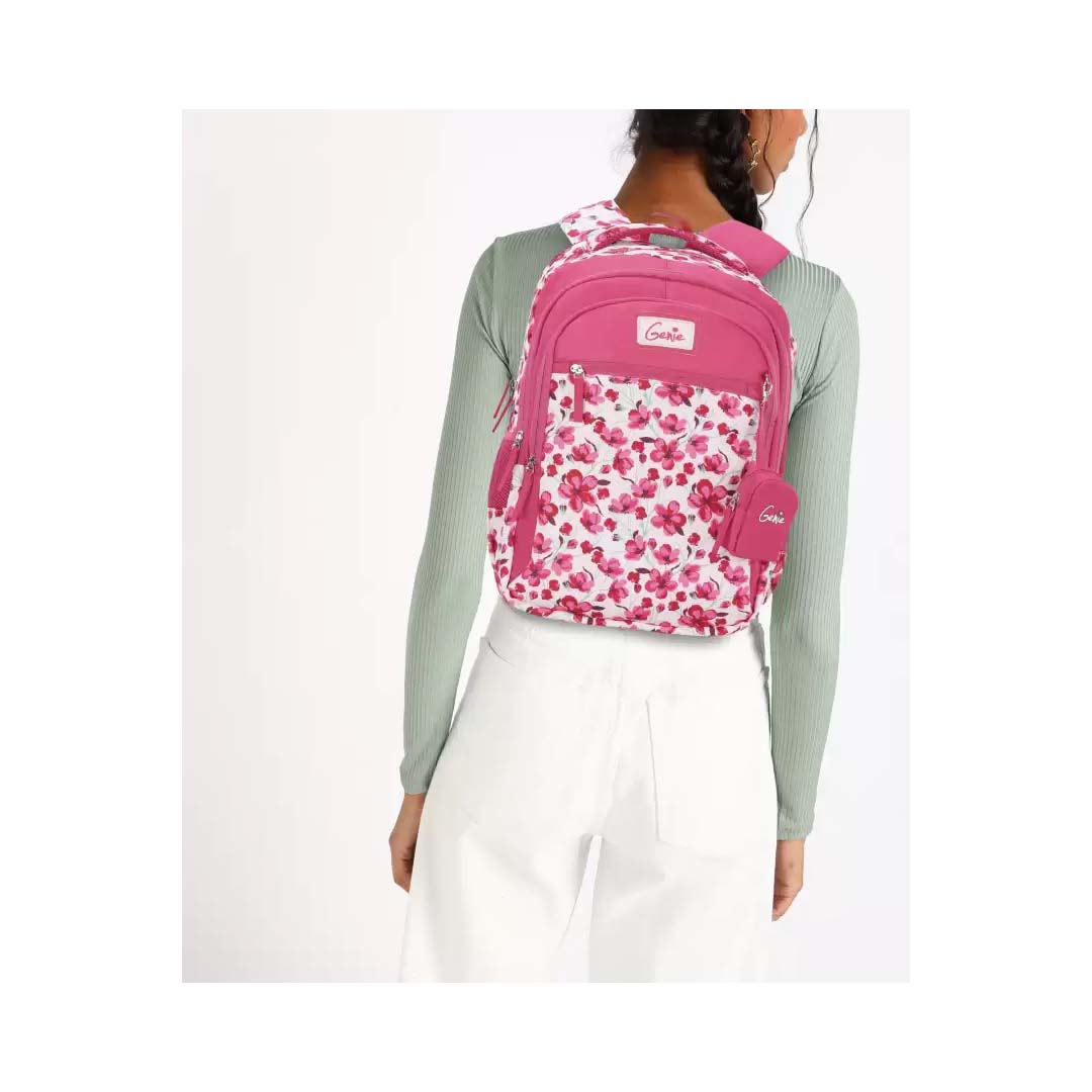 Genie Camellia 15-Inch Waterproof School Backpack – Pink | Lightweight, Stylish & Durable