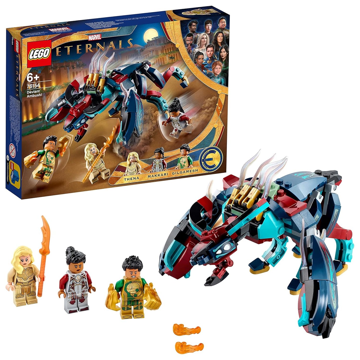 LEGO Marvel Deviant Ambush! 76154 – Includes Thena, Gilgamesh, and Makkari minifigures, a 6-legged Deviant with biting mouth, and accessories for dynamic play.