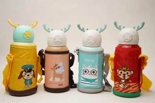 Deer Stainless Steel Water Bottle For Kids with carry bag, additional cup and sipper 500 ML (Cream)