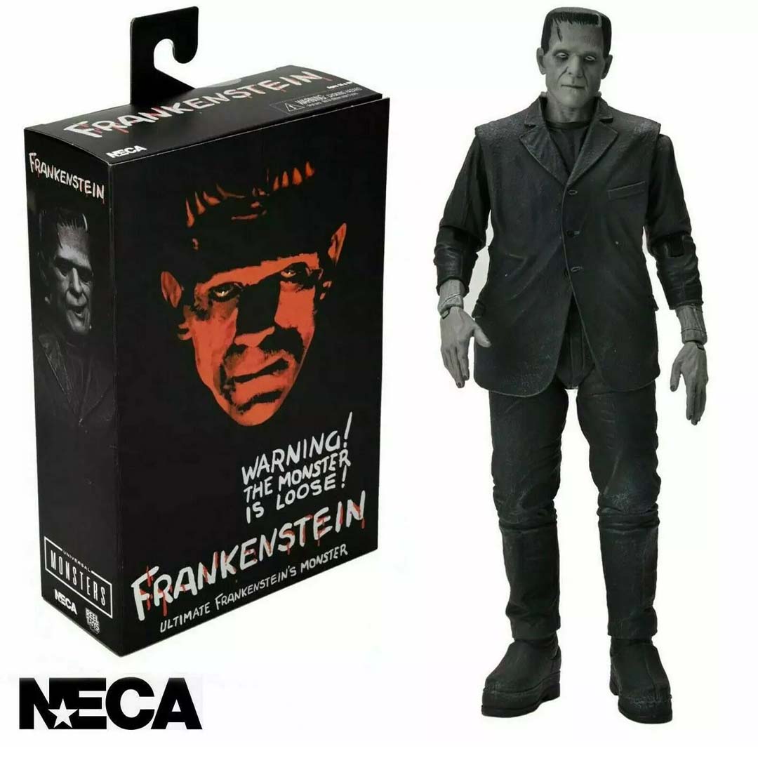 NECA Ultimate Frankenstein 7” action figure in black & white, celebrating 90th anniversary of Universal Monsters with detailed sculpt and accessories.