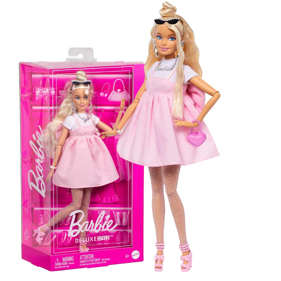 Barbie Deluxe Style Doll #3 in Barbiecore Outfit, Blond Hair in Top Knot, Pink Pastel Dress with Oversized Bow and Accessories Like Mesh Tights