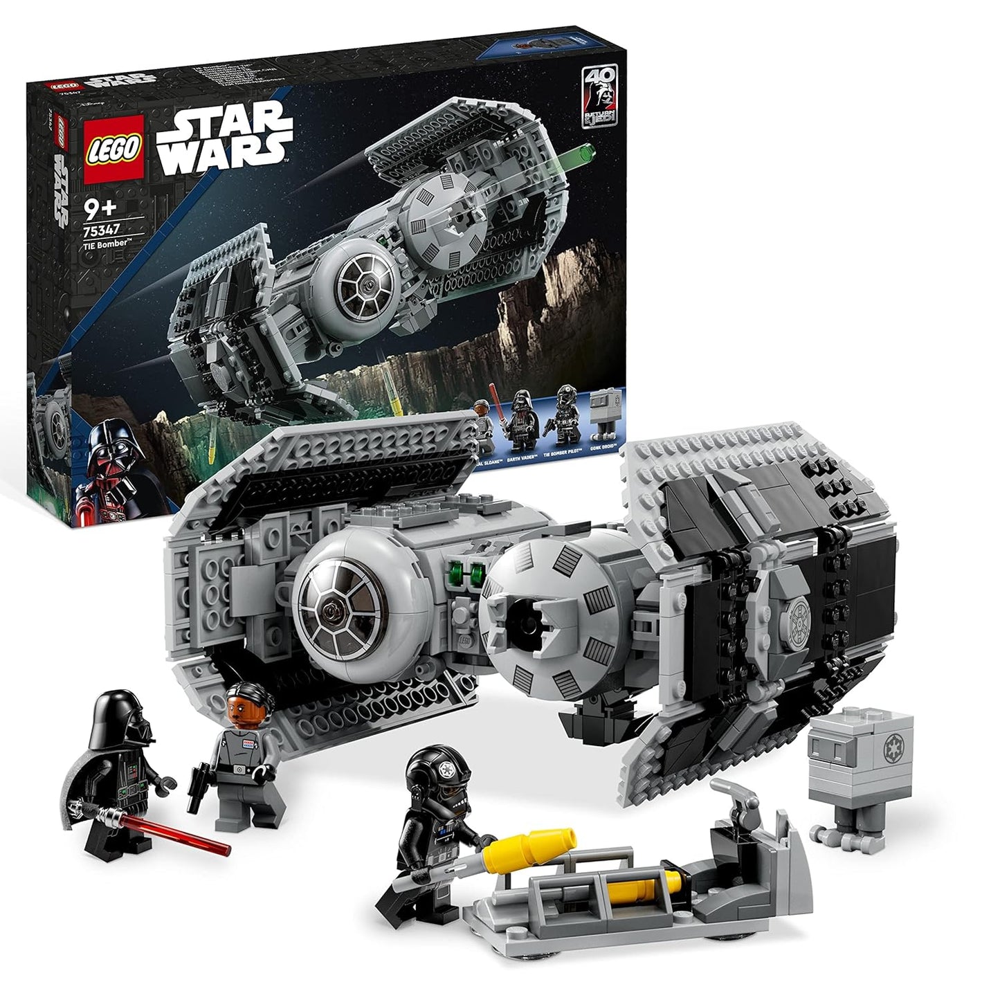 LEGO Star Wars 75347 TIE Bomber set showcasing a detailed starfighter with an opening cockpit, torpedo-dropping function, stud shooters, and 4 minifigures.