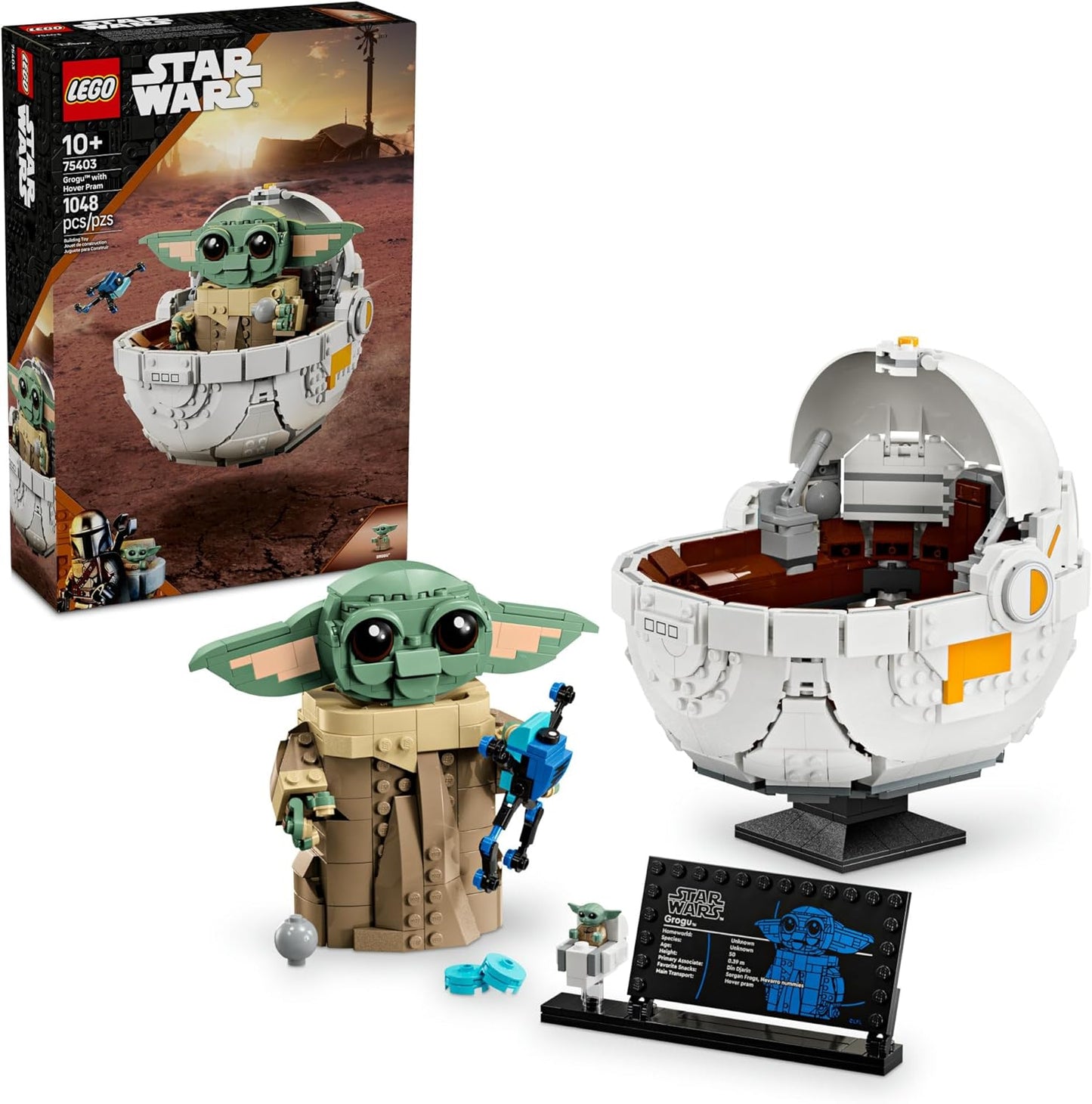 LEGO 75403 set featuring a buildable Grogu figure with a brick-built hover pram, including accessories like a Sorgan frog and cookie.