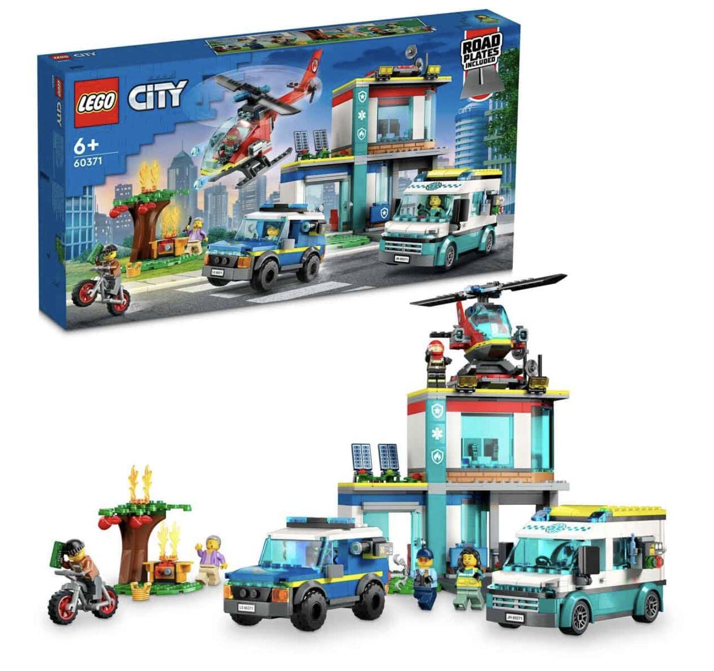 LEGO City 60371 Emergency Vehicles HQ set featuring a 2-story headquarters, fire helicopter, police SUV, ambulance, crook’s motorbike, and 5 minifigures.