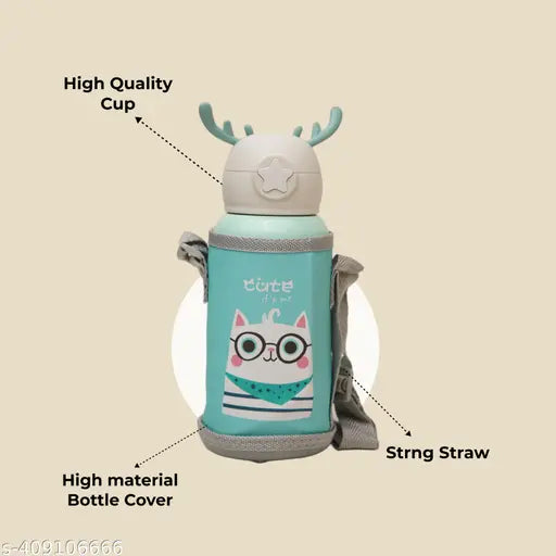 Deer Stainless Steel Water Bottle For Kids with carry bag, additional cup and sipper 500 ML (Green)