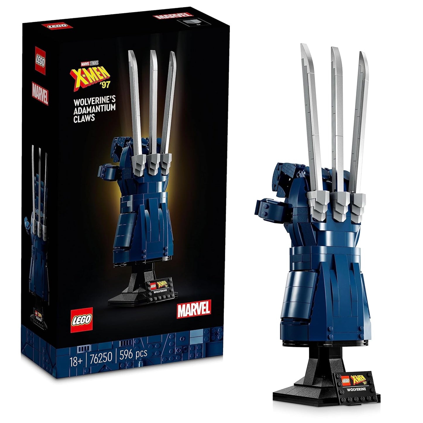 LEGO Marvel 76250 Wolverine's Adamantium Claws set featuring a detailed replica of Wolverine's clawed glove with posable claws, movable fingers, and a display stand.