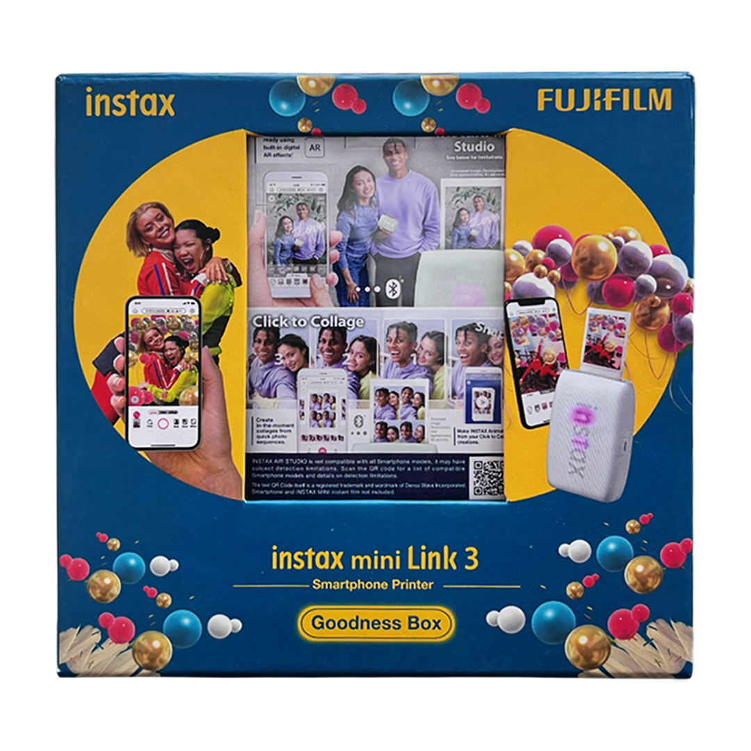 Fujifilm Instax Mini Link 3 Smartphone Photo Printer (Clay White) with 100-Sheet Goodness Box – Includes Glossy & Designer Instax Mini Films