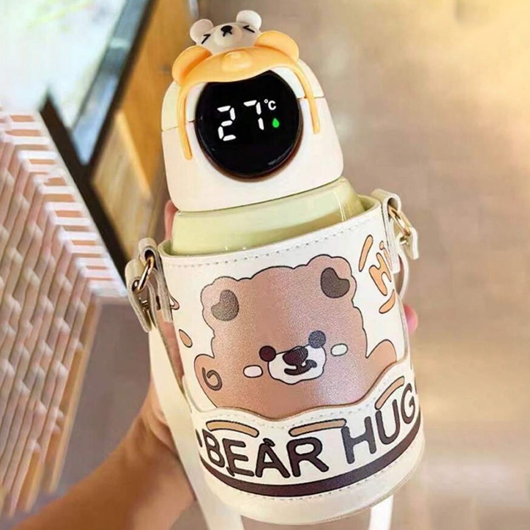 Bear Hug Stainless Steel Digital Water Bottle For Kids with carry bag, additional cup and sipper 500 ML (Cream)