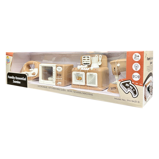 Pablo Honey Mini Iron, Microwave, Oven & Sewing Machine Household Play Set (Brown)