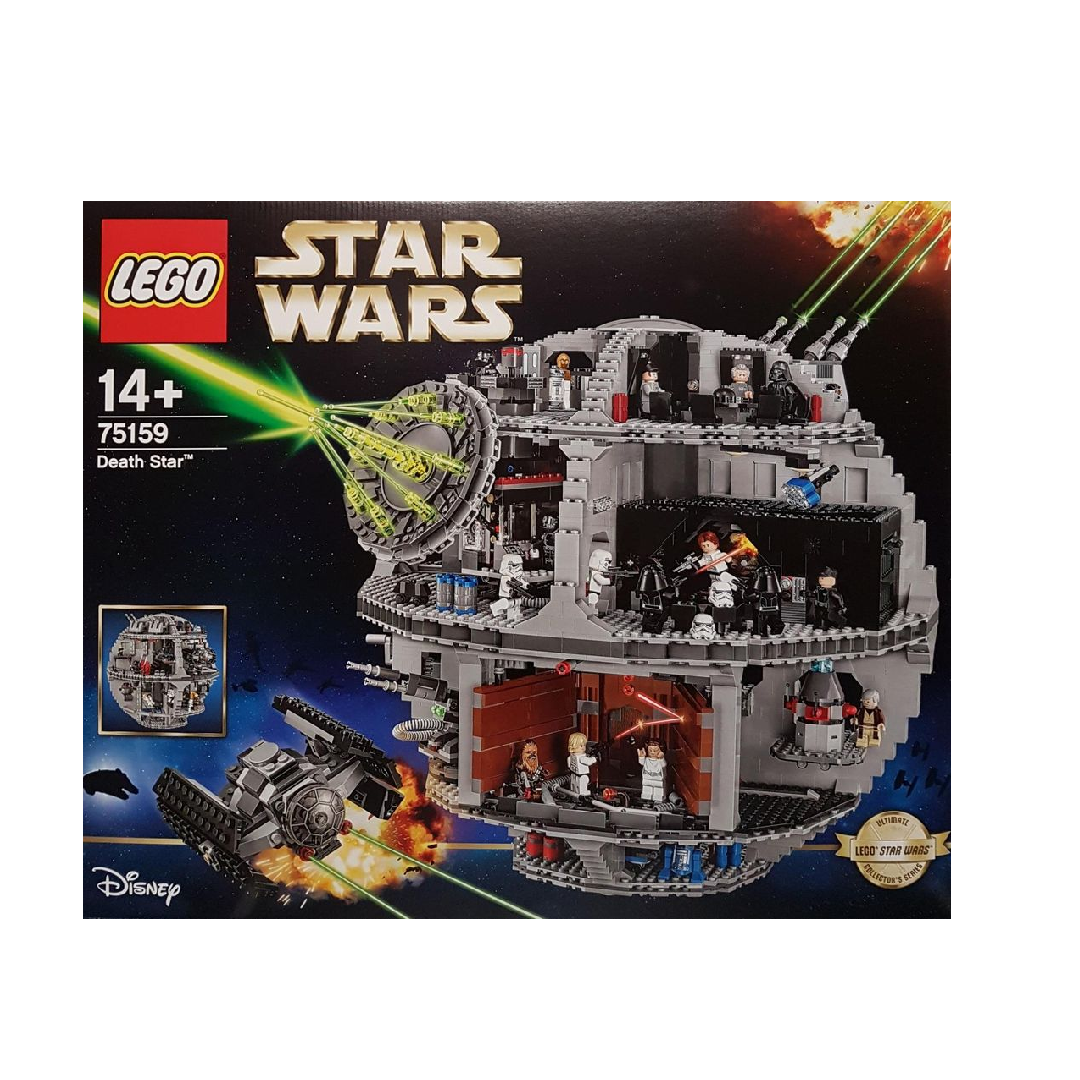 LEGO Star Wars Death Star 75159 set with 4,016 pieces, including minifigures of Luke Skywalker, Han Solo, Princess Leia, Darth Vader, and more, designed for builders aged 14+