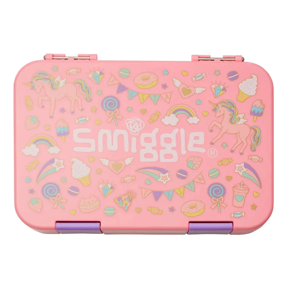 Smiggle Unicorn Party Happy Medium Bento Lunchbox 758ml – Leakproof Kids Lunch Box (Pink)