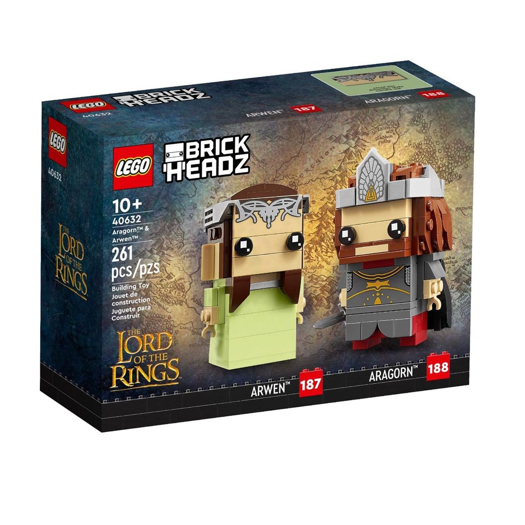 LEGO 40632 BrickHeadz set featuring stylized figures of Aragorn in his king outfit with a crown, and Arwen in a green wedding dress with a tiara, each on a display baseplate.