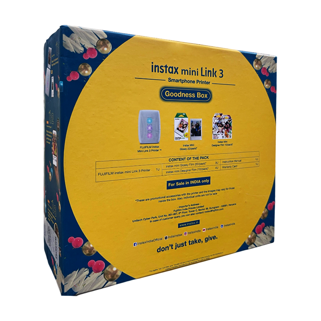 Fujifilm Instax Mini Link 3 Smartphone Photo Printer (Clay White) with 100-Sheet Goodness Box – Includes Glossy & Designer Instax Mini Films