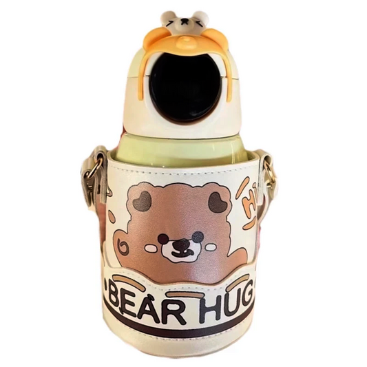 Bear Hug Stainless Steel Digital Water Bottle For Kids with carry bag, additional cup and sipper 500 ML (Cream)