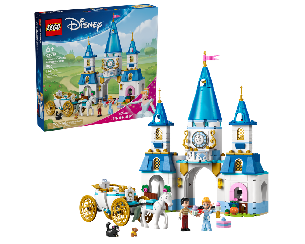 LEGO Disney 43275 set featuring Cinderella's 2-level castle with spinning ballroom floor, sewing room, stable, and horse-drawn carriage with minifigures.
Amazon
+3