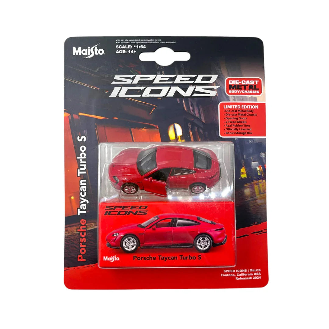 Maisto Speed Icons Porsche Taycan Turbo S – Red, 1:64 Licensed Die‑Cast Model | Collector’s Premium