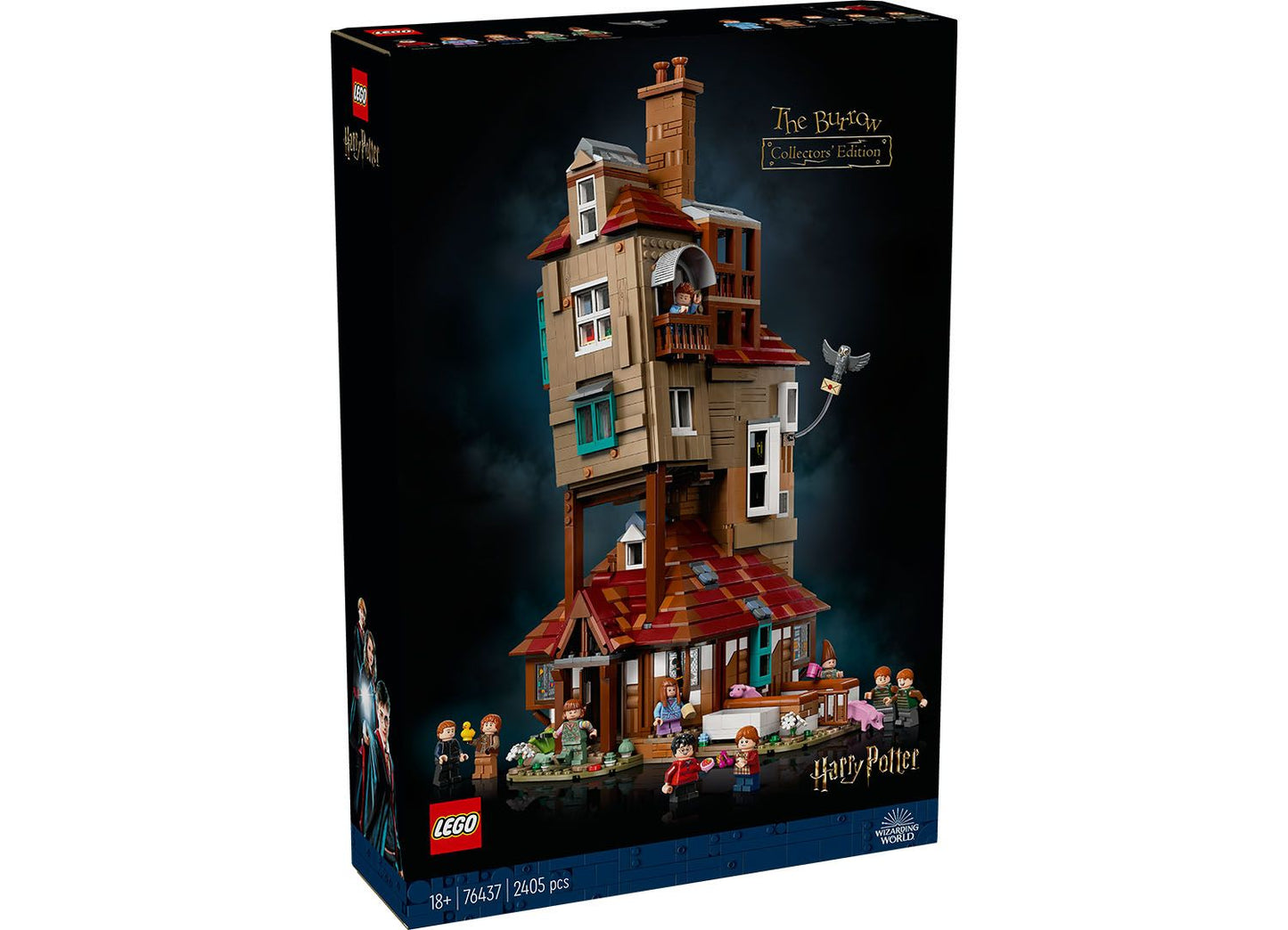 LEGO 76437 The Burrow – Collector’s Edition set depicting the multi-story Weasley house with 10 minifigures, including Harry Potter and the entire Weasley family.