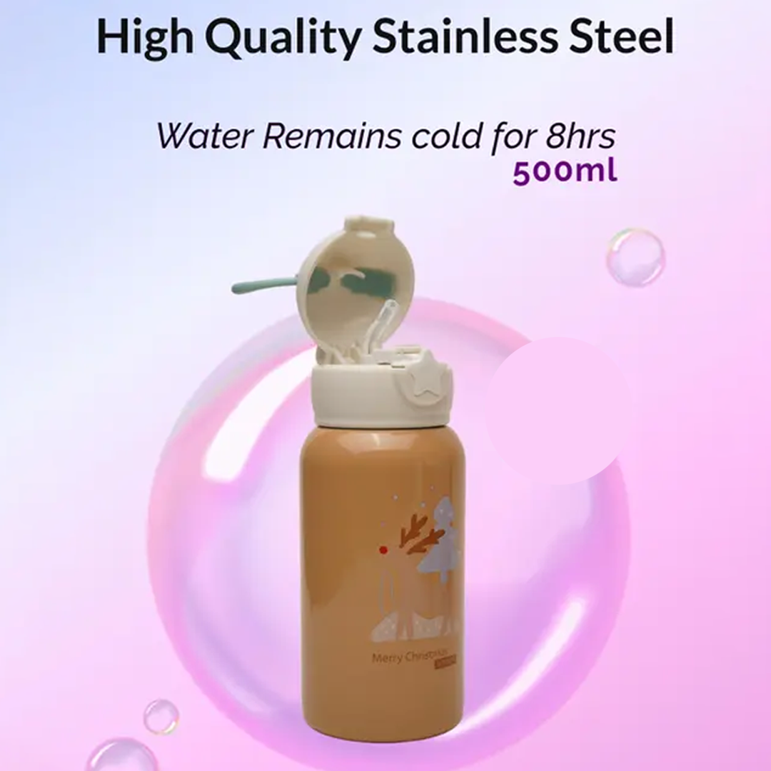 Deer Stainless Steel Water Bottle For Kids with carry bag, additional cup and sipper 500 ML (Beige)
