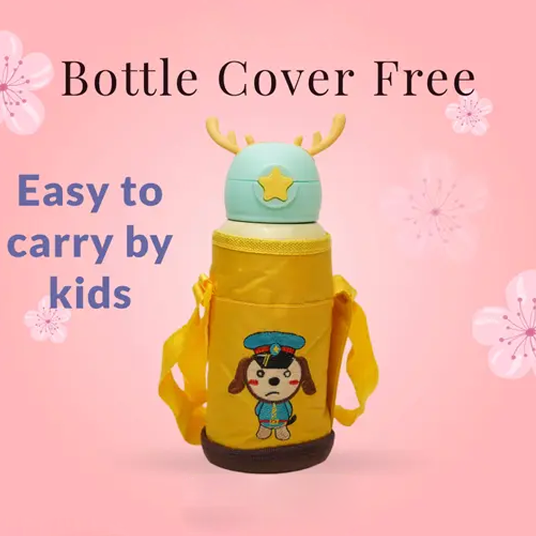 Deer Stainless Steel Water Bottle For Kids with carry bag, additional cup and sipper 500 ML (Cream)