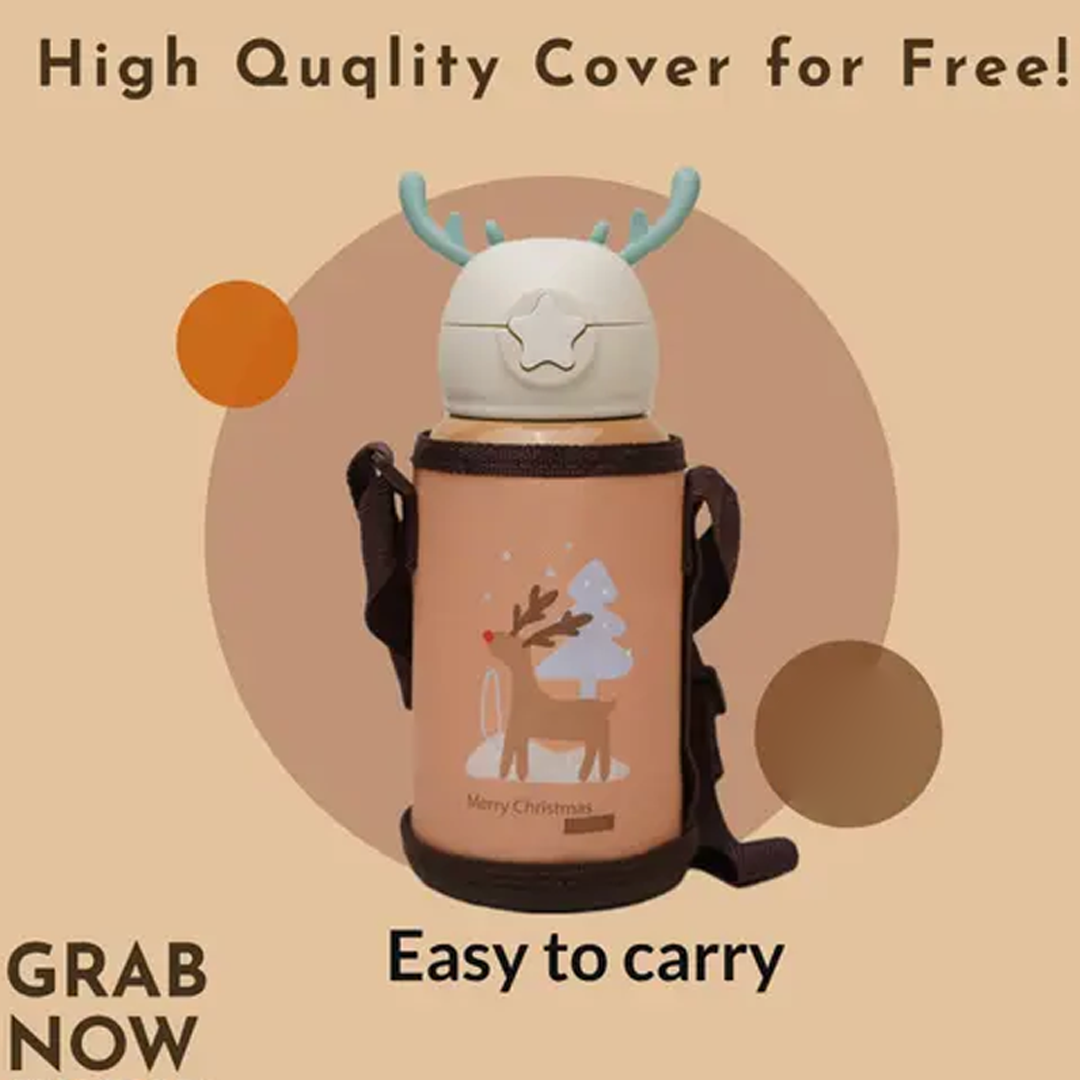 Deer Stainless Steel Water Bottle For Kids with carry bag, additional cup and sipper 500 ML (Beige)