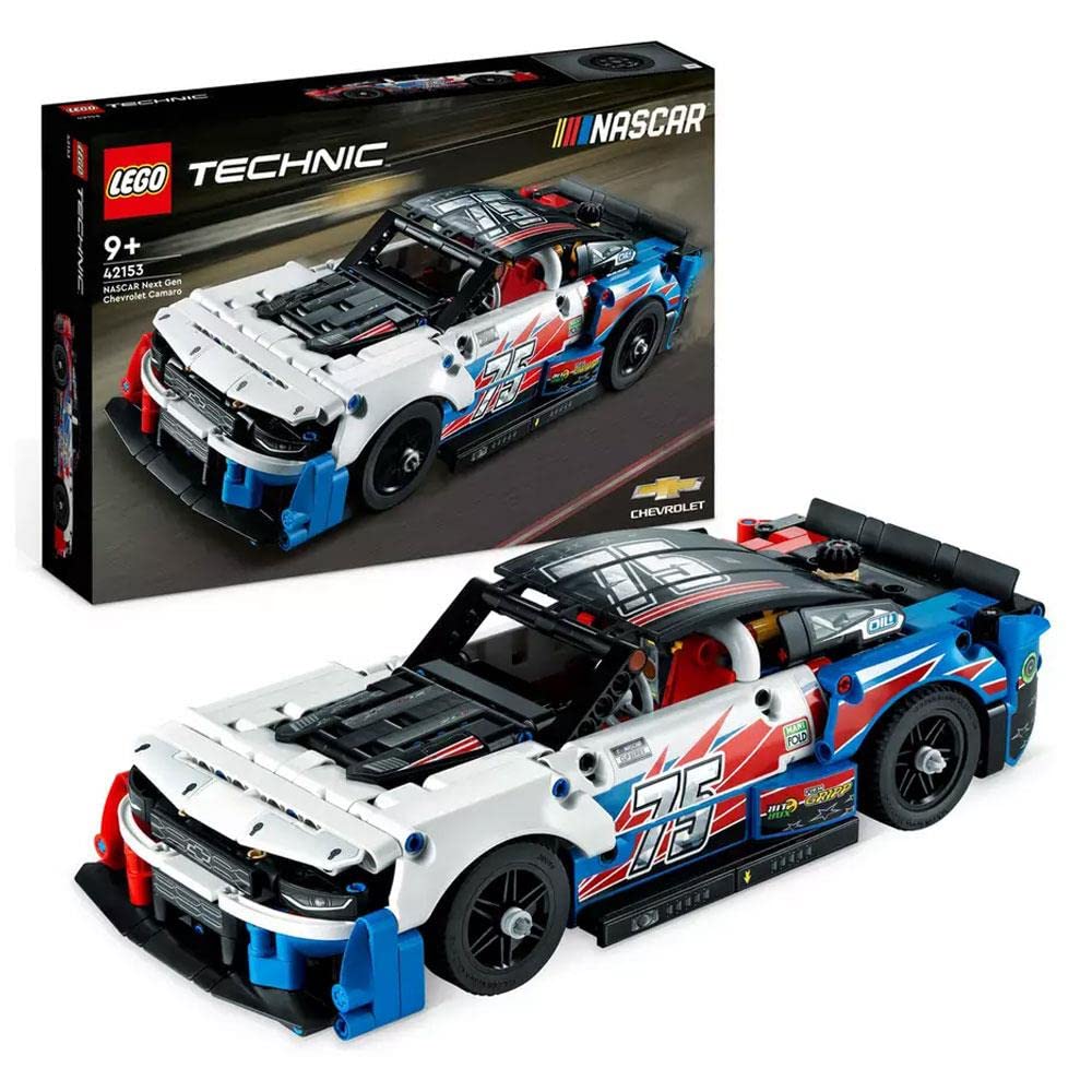 LEGO 42153 NASCAR Next Gen Chevrolet Camaro ZL1 set with 672 pieces, featuring a detailed race car model with functional steering and V8 engine.
