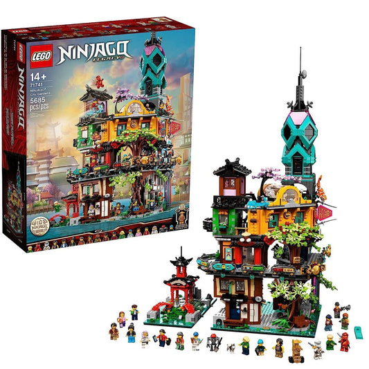 LEGO NINJAGO City Gardens 71741 set with 5,685 pieces, featuring a detailed ninja house playset and 19 minifigures for endless NINJAGO fun.