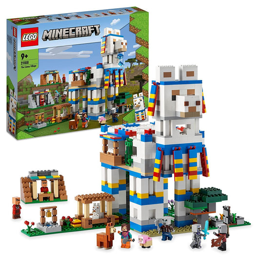 LEGO Minecraft The Llama Village 21188 set with 1,252 pieces, featuring detailed llama structures, villagers, and Minecraft-themed elements.