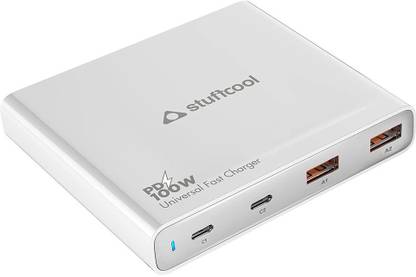 STUFFCOOL 100W Centurion 4 Port Charging Station with 2 USB C PD Ports, 2 QC3.0 USB A Ports Compatible with MacBook Pro 16", MacBook M1 Series, Ultrabooks, iPhones, Universal Fast Charger Camera Battery Charger  (White)