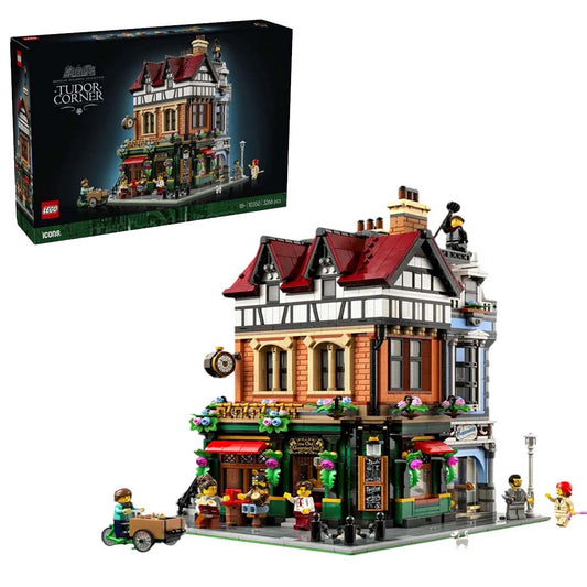 LEGO Icons Tudor Corner Set 10350, a 3,266-piece modular building featuring a Tudor-style corner structure with a restaurant, haberdashery, clockmaker's workshop, and attic apartment, accompanied by 8 minifigures, designed for builders aged 18 and up.