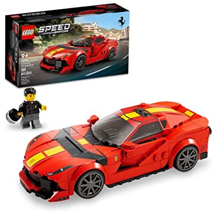 LEGO 76914 Ferrari 812 Competizione set with 261 pieces, showcasing a detailed sports car model with authentic Ferrari design elements and a driver minifigure.