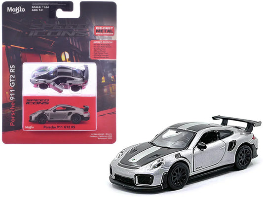Porsche 911 GT2 RS – Silver Metallic w/ Carbon Stripes | Speed Icons Series 1:64 Diecast Model