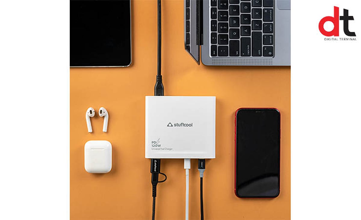 STUFFCOOL 100W Centurion 4 Port Charging Station with 2 USB C PD Ports, 2 QC3.0 USB A Ports Compatible with MacBook Pro 16", MacBook M1 Series, Ultrabooks, iPhones, Universal Fast Charger Camera Battery Charger  (White)