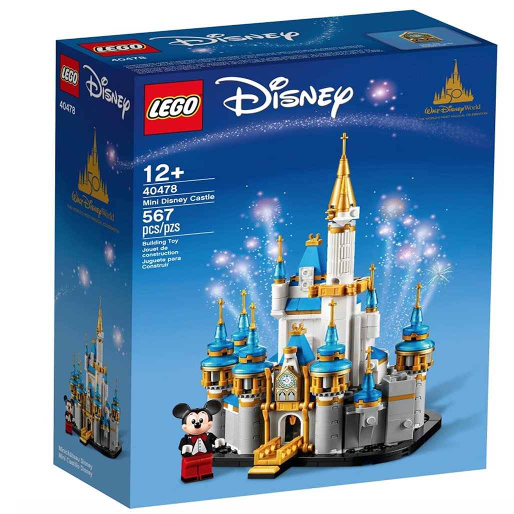 LEGO 40478 Mini Disney Castle set with box damage, showcasing Cinderella Castle model and Mickey Mouse minifigure.