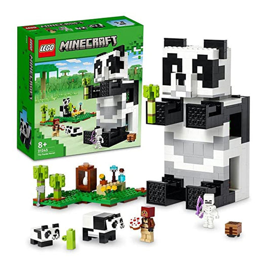 LEGO Minecraft The Panda Haven 21245 set with 553 pieces, featuring a panda-shaped house, panda mobs, and fun Minecraft-themed accessories.