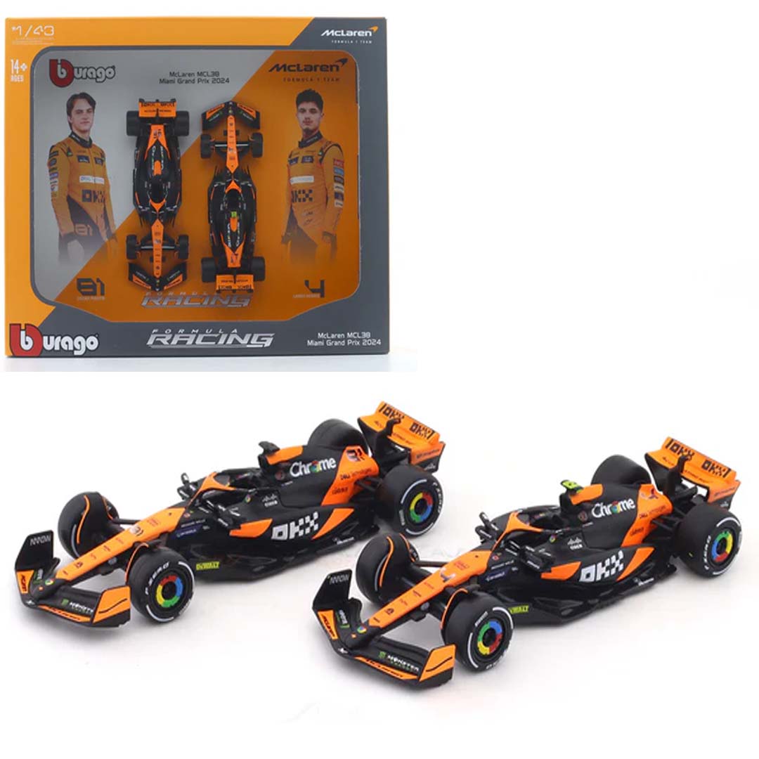Bburago 1:43 scale die-cast McLaren MCL38 2024 Formula 1 car model set of 2.