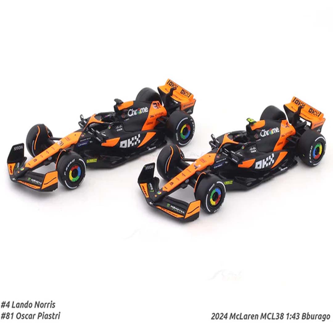 2024 McLaren MCL38 set of 2 cars 1:43 Bburago Formula 1 diecast scale model car