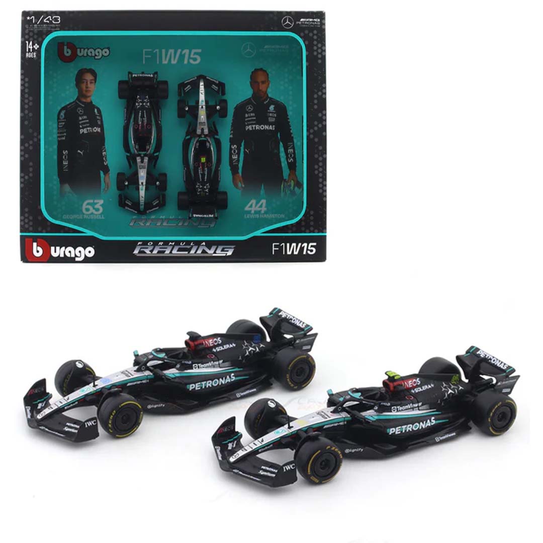 Bburago 1:43 scale die-cast Mercedes-AMG W15 2024 Formula 1 set of 2 cars.


