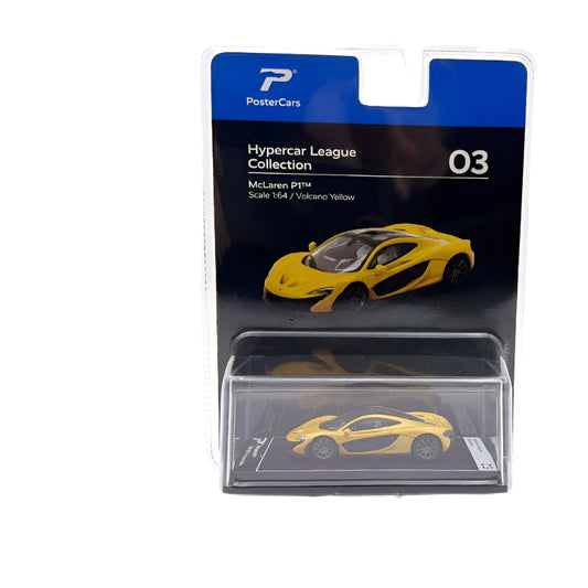 Yellow sports car model in packaging with 'PosterCars' branding on a white background