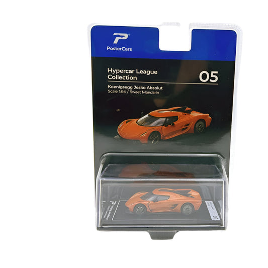 Orange toy car in packaging with 'PosterCars' branding on a white background
