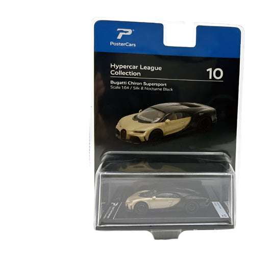 Model car packaging with Bugatti Chiron on a white background