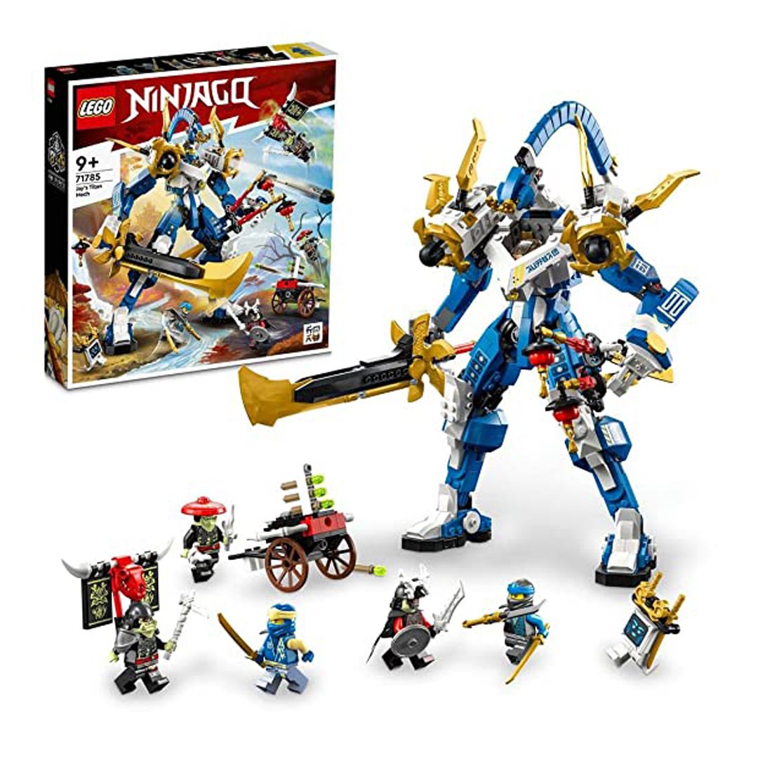 LEGO NINJAGO Jay's Titan Mech 71785 set with 794 pieces, including a posable mech, crossbow, and five minifigures: Jay, Nya, Bone King, Bone Knight, and Bone Hunter.