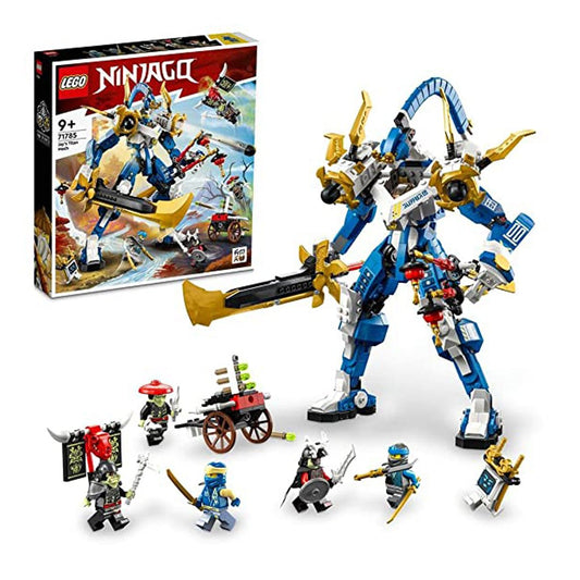 LEGO NINJAGO Jay's Titan Mech 71785 set with 794 pieces, including a posable mech, crossbow, and five minifigures: Jay, Nya, Bone King, Bone Knight, and Bone Hunter.