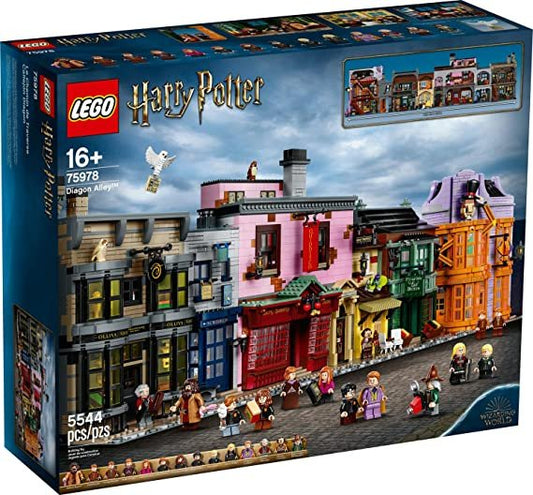 LEGO Diagon Alley 75978 building set with 5,544 pieces, featuring detailed shops and characters from the Harry Potter universe