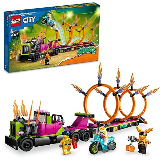 LEGO 60357 Stunt Truck & Ring of Fire Challenge set with 479 pieces, featuring a fiery stunt loop and truck for exciting play.