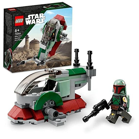 LEGO Star Wars Boba Fett’s Starship Microfighter 75344 set with 85 pieces, featuring a mini starship and Boba Fett minifigure for action-packed play.